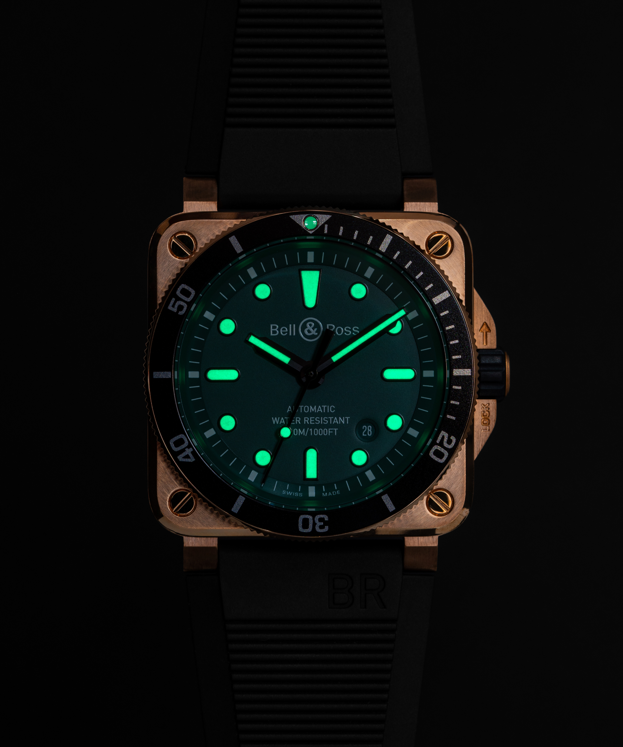 Men's watch / unisex  BELL & ROSS, BR 03-92 Diver Black & Green Bronze / 42mm, SKU: BR0392-D-LT-BR/SRB | watchphilosophy.co.uk